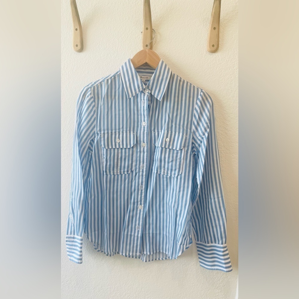 NWT Madewell Striped Utility Button Up Shirt in Waterfall Size 0 - Picture 3 of 4